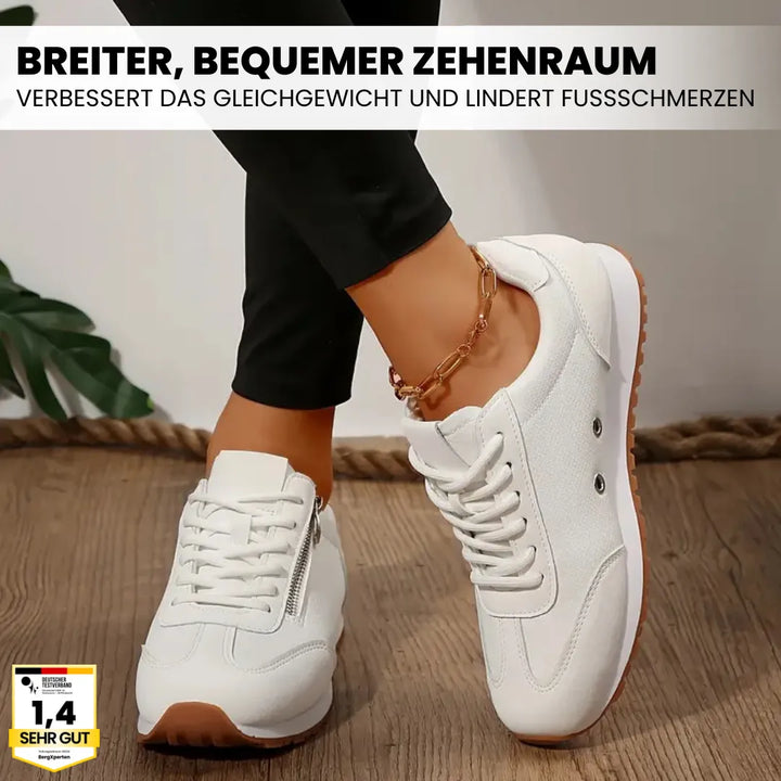 Ergonomische dames schoenen OrthoCareX, grijs detail, ademend materiaal, antislipzool, brede neus voor comfort.