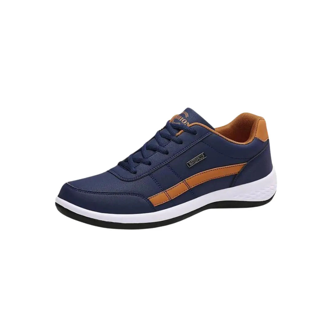Blauwe herenschoenen voor Hallux Valgus, ademend met brede teenbox, ideaal bij Hallux Valgus.