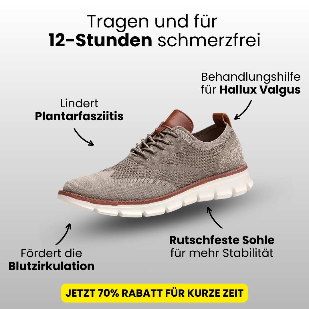 Ergonomisch ontwerp van de herenschoen toont de brede neus en ondersteunende pasvorm.