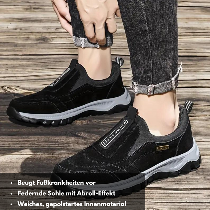 Ergonomische zwarte orthopedische unisex schoenen voor pijnverlichting, met ademend materiaal en een lichte zool.