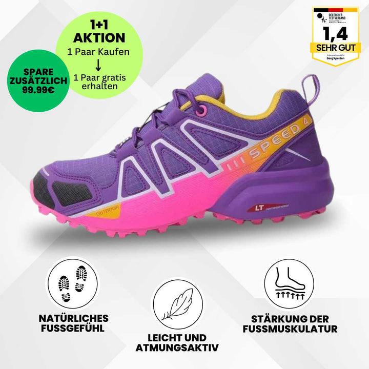 Ergonomische trekking- en wandelschoenen voor dames, bruin met antislipzool en ademend materiaal.