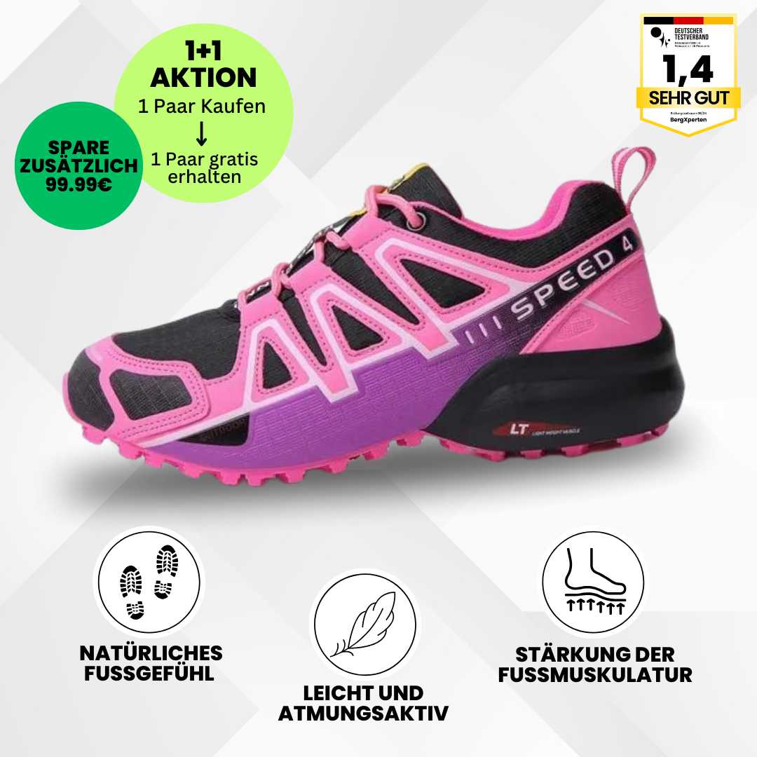 Ergonomische trekking- en wandelschoenen voor dames, bruin met antislipzool en ademend materiaal.
