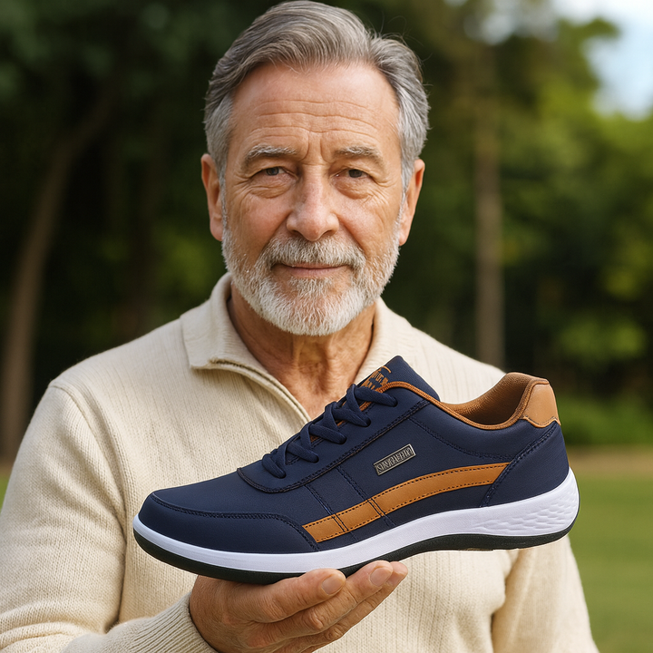 Mannelijk model draagt OrthoX comfortabele schoenen, toont universele pasvorm.