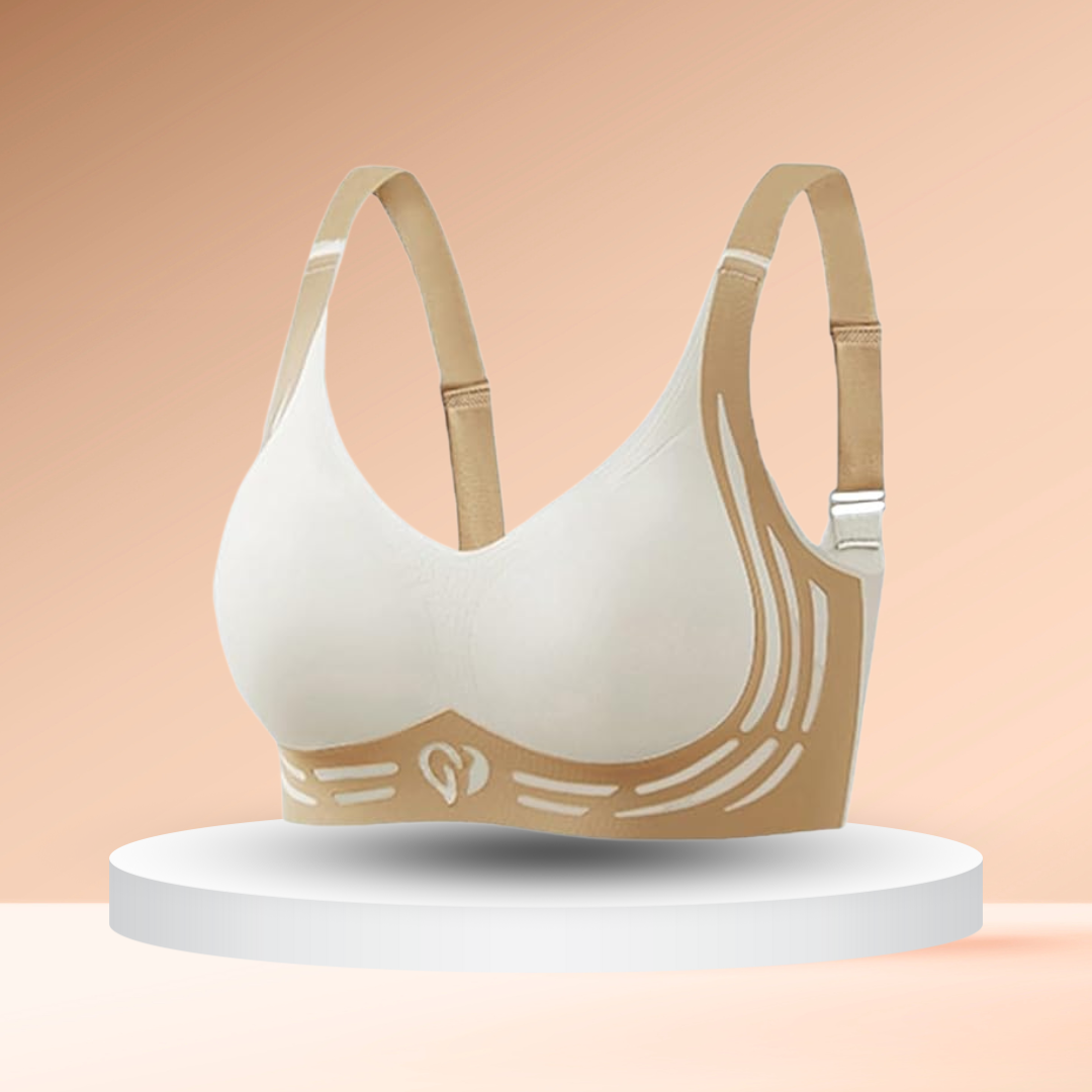 Ergonomische beugelvrije comfortbeha, naadloos in beige met push-up effect voor optimale ondersteuning en draagcomfort.