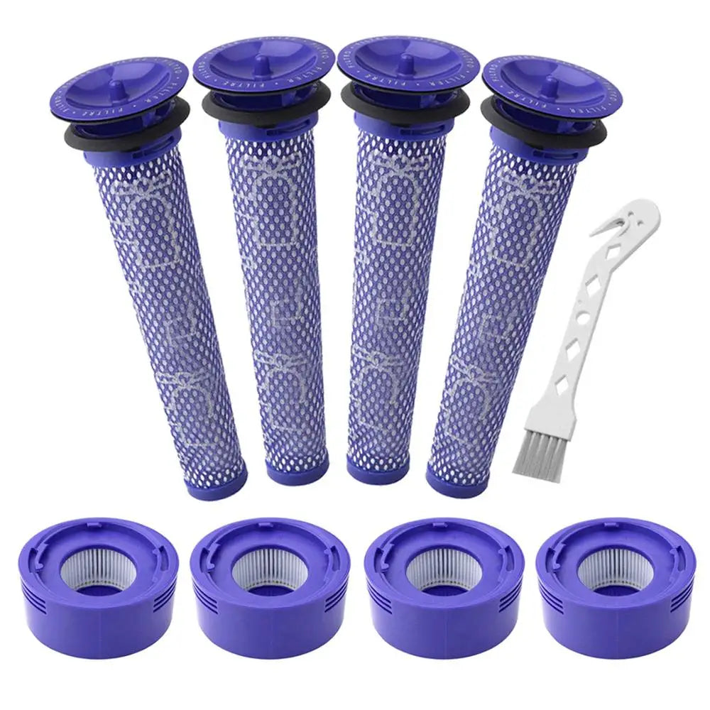 Set vervangingsfilters voor Dyson V8/V7, bestaande uit blauw HEPA-filter en witte voorfilters, netjes op een lichte achtergrond.