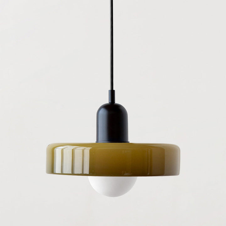 Kleurrijke glazen hanglamp in Bauhausstijl met groene, witte en gele kleuren, elegant design voor sfeervolle verlichting