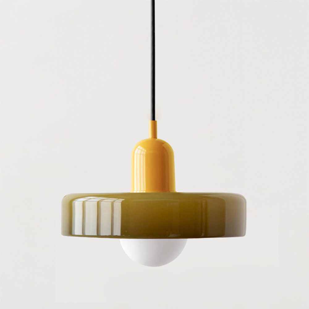 Kleurrijke glazen hanglamp in Bauhausstijl met groene, witte en gele kleuren, elegant design voor sfeervolle verlichting