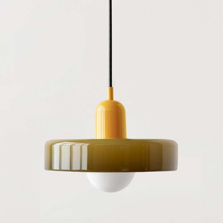 Kleurrijke glazen hanglamp in Bauhausstijl met groene, witte en gele kleuren, elegant design voor sfeervolle verlichting