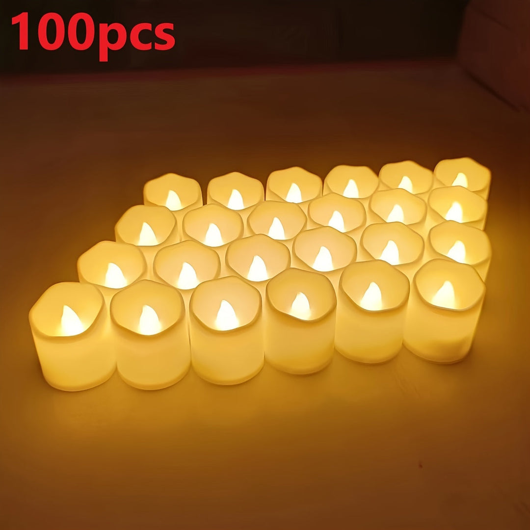 Vlamloze LED theelichtjes met warm flikkerend licht, ideaal voor bruiloften en evenementen. Veilig en rookvrij.