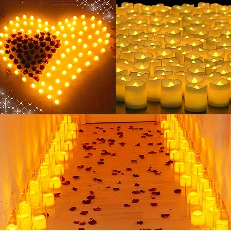 Vlamloze LED theelichtjes met warm flikkerend licht, ideaal voor bruiloften en evenementen. Veilig en rookvrij.