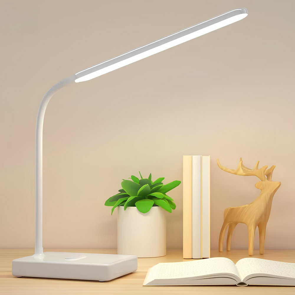 Dimbare LED tafellamp met instelbare kleurtemperatuur, buigzaam design, ideaal voor lezen en studeren.