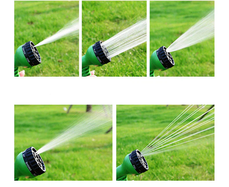 Persoon gebruikt de lichtgewicht uitzetbare tuinslang met sproeikop om planten water te geven in de tuin.