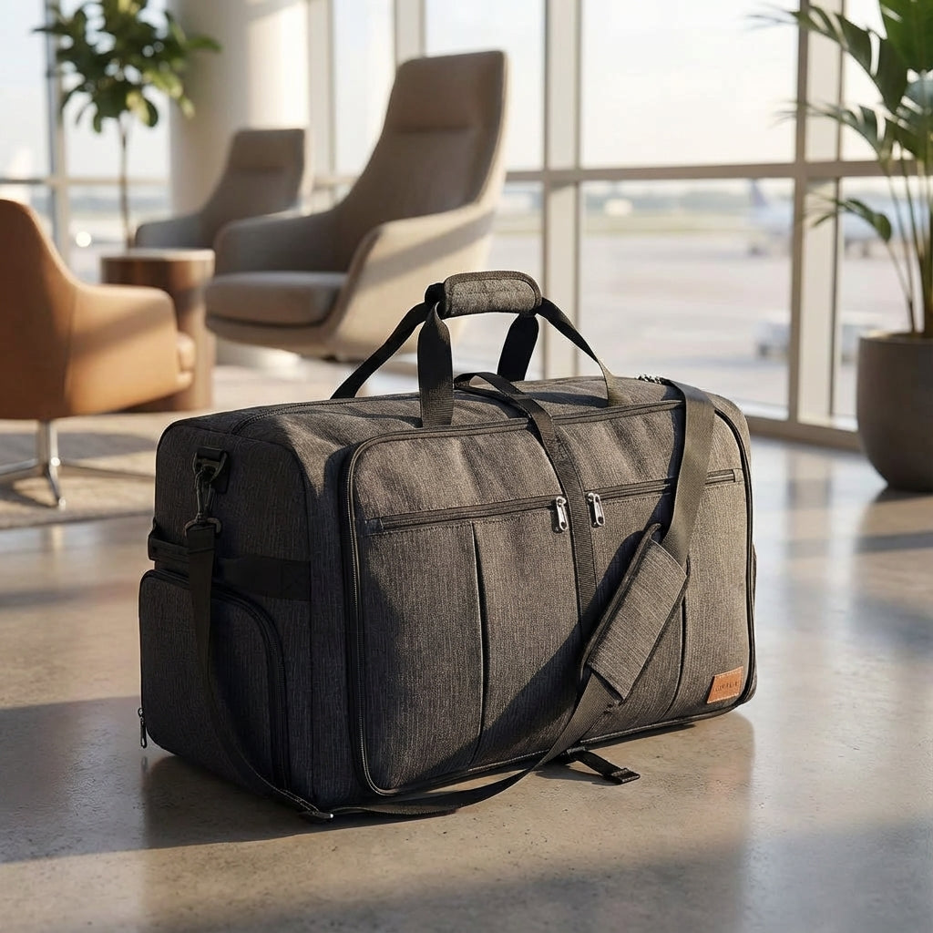FlexiHaul opvouwbare duffeltas, zwart, met grote capaciteit voor reizen en gemakkelijk op te bergen.