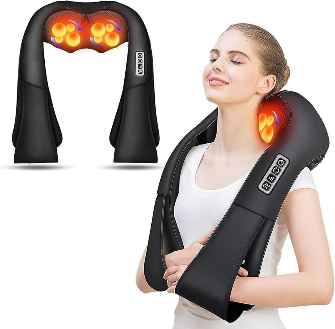 FlowRelief Shiatsu massagekussen met infraroodfunctie voor nek, rug en schouders; diepe ontspanning en spierverlichting.