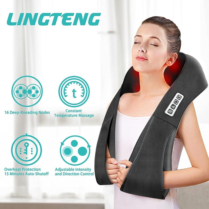 Comfortabel FlowRelief Shiatsu massagekussen voor de nek met infrarood warmte; verlicht spanning in de nek- en schouderspieren.