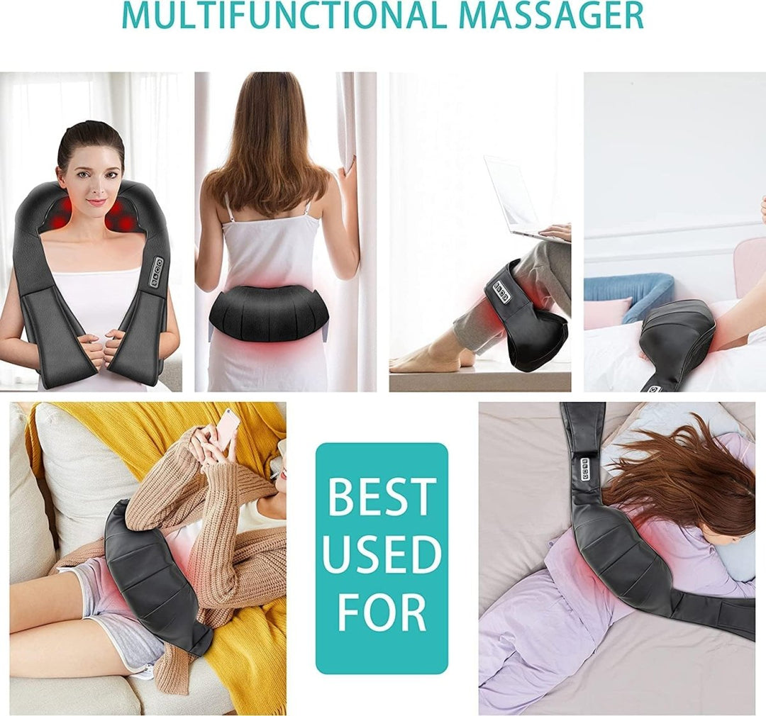 Ontspannend FlowRelief massagekussen met shiatsu en infrarood voor spierverlichting in nek, rug en schouders; wellness thuis.