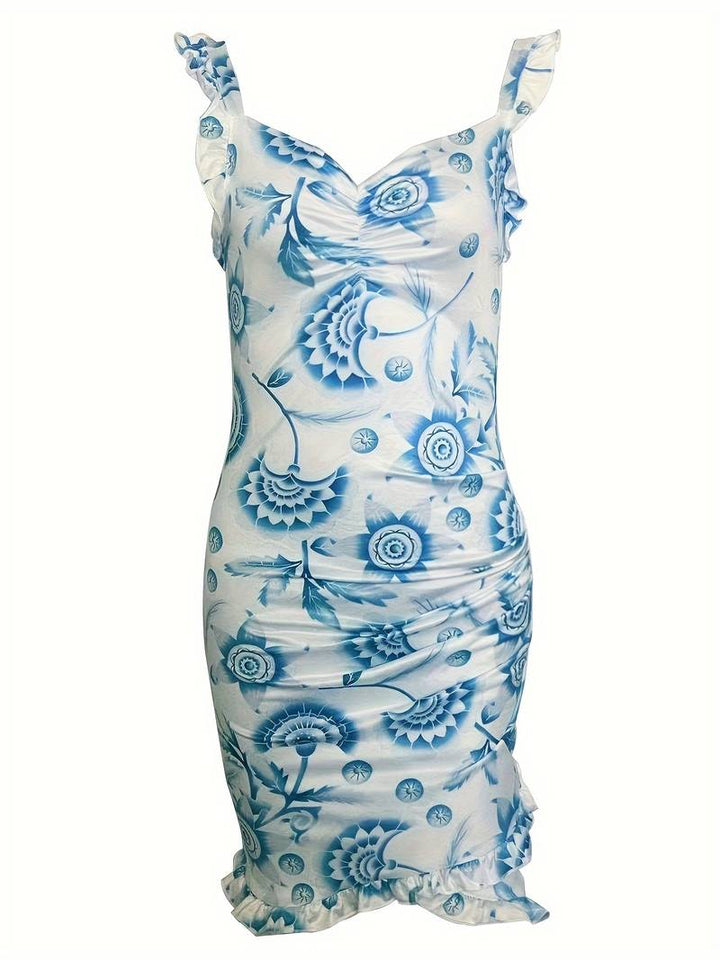 Dames bloemen mini jurk met ruches in zomerse kleuren, ideaal voor stijlvolle gelegenheden en warme dagen.
