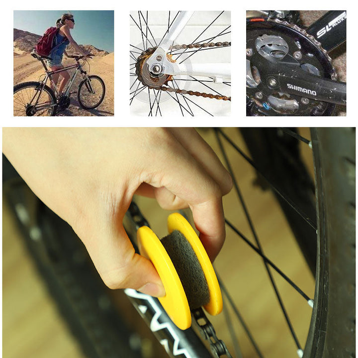 Geel 2-in-1 fietskettingolie voor reiniging en smering, compact, biologisch afbreekbaar, ideaal voor kettingonderhoud.