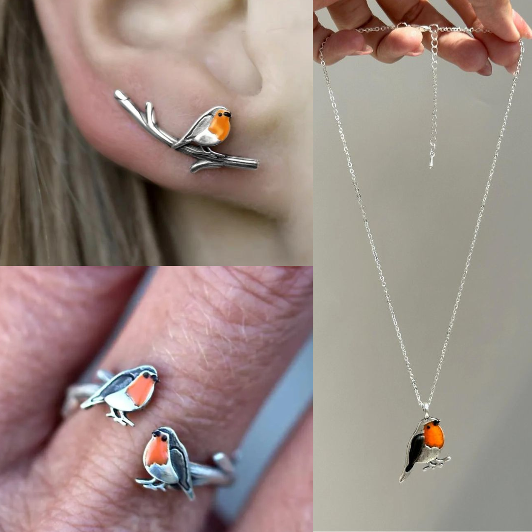 Geluksvogel sieradenset met roodborstje ketting & oorbellen, symbool van hoop en nieuw begin.