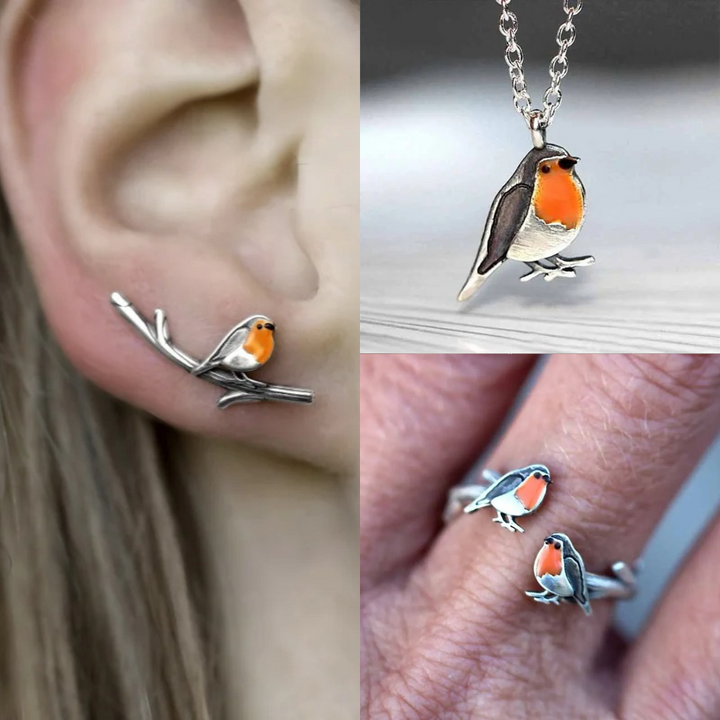 Zinklegering geluksvogel dames sieradenset; roodborstje ketting & oorbellen als symbool van hoop.