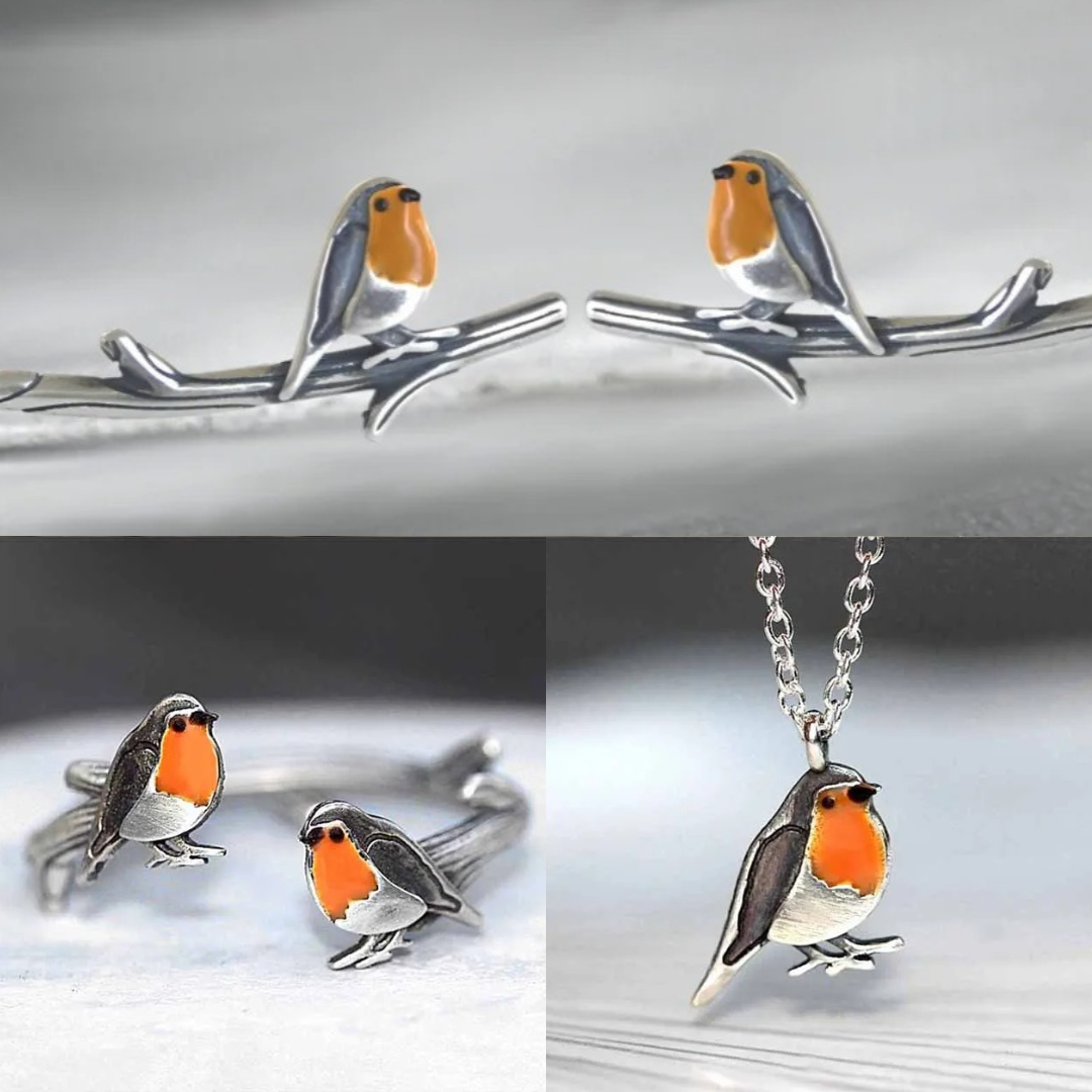 Geluksvogel sieradenset: delicate roodborstje ketting en bijpassende oorbellen, zinklegering.