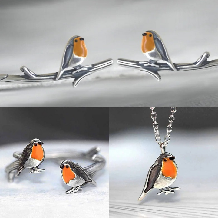 Geluksvogel sieradenset: delicate roodborstje ketting en bijpassende oorbellen, zinklegering.