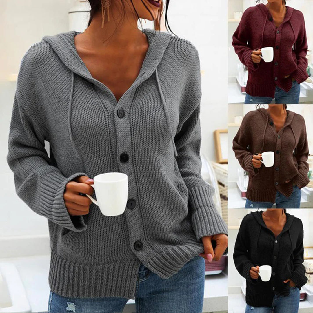 Zwart gebreid vest voor dames met capuchon, comfortabel en stijlvol.