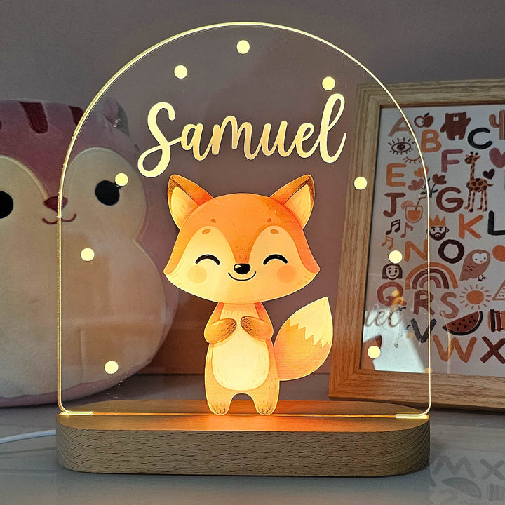 Gezellig nachtlampje in kinderkamer, gepersonaliseerd met dier en naam, zachte ledverlichting.
