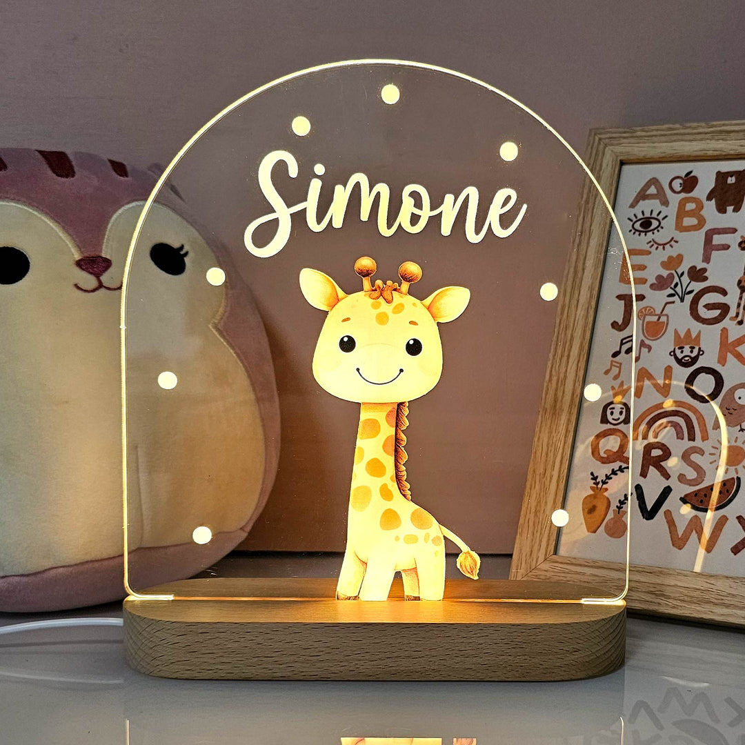 Modern ledverlichting nachtlampje van plexiglas, gepersonaliseerd met dier en naam voor kinderkamer.