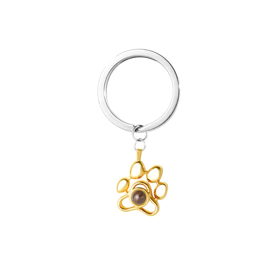 Hand die een gepersonaliseerde sleutelhanger met foto vasthoudt; symbool van liefde en dierbare herinneringen.