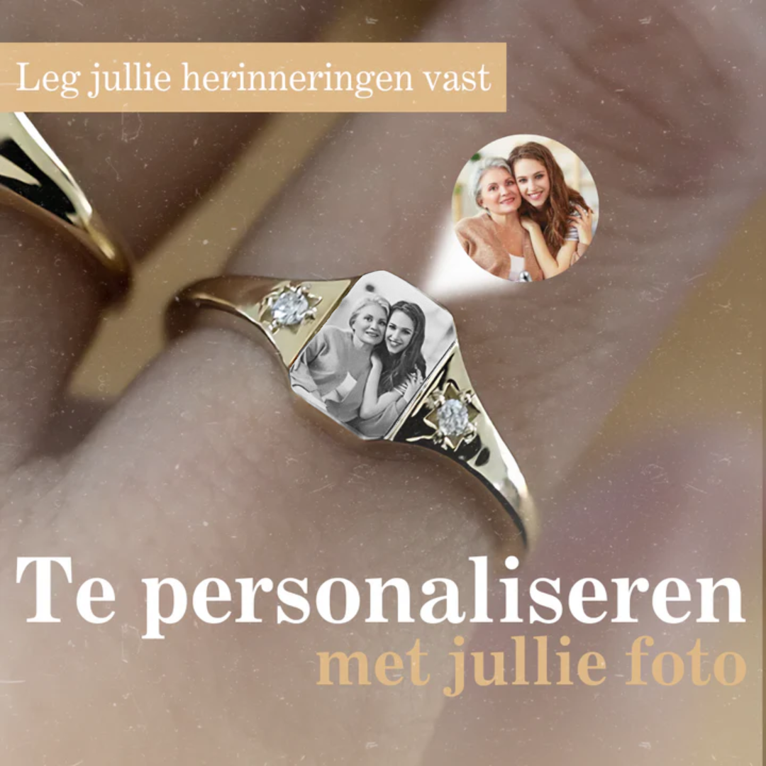 Gepersonaliseerde gedenkring met foto en geboortesteen, een uniek sieraad voor dames en heren.