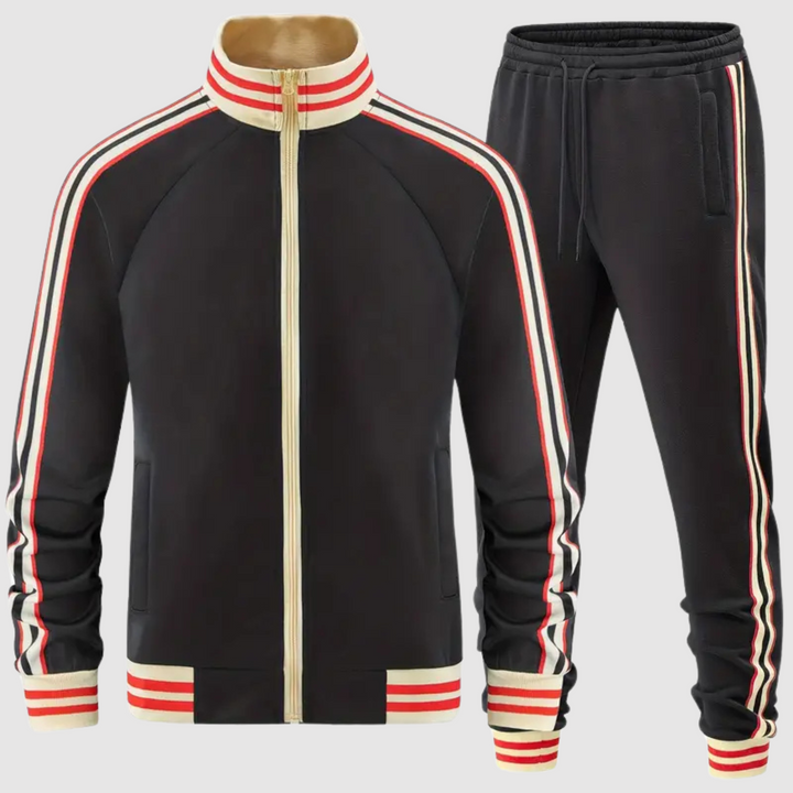 Gestreepte heren trainingspak set met sweatshirt en joggingbroek, dynamische look met contrasterende strepen, comfortabel en stijlvol.
