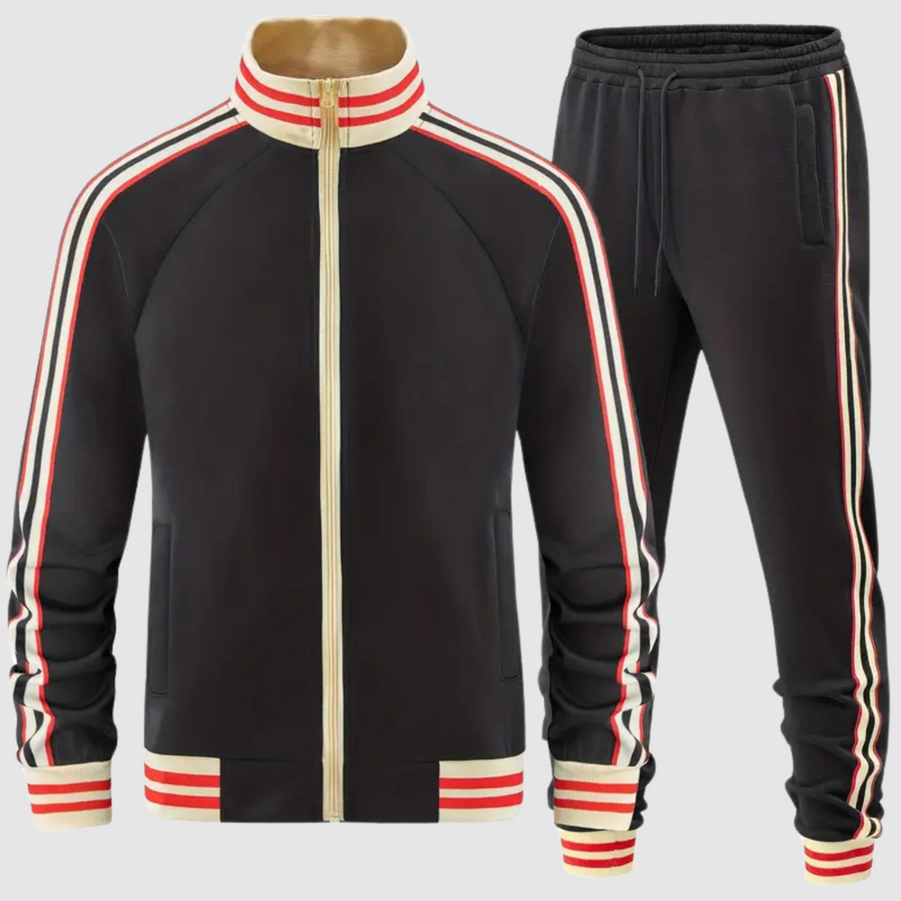 Details van de heren trainingspak set, inclusief strepen en ritssluiting.