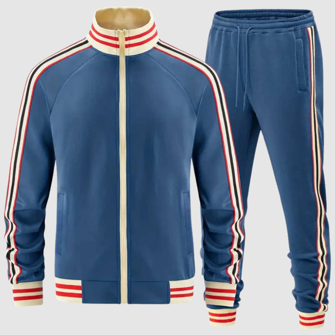 Gestreepte heren trainingspak set met sweatshirt en joggingbroek, dynamische look met contrasterende strepen, comfortabel en stijlvol.
