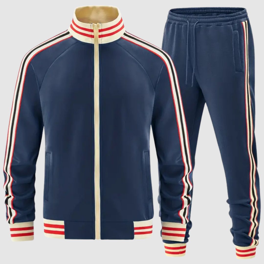 Gestreepte heren trainingspak set met sweatshirt en joggingbroek, dynamische look met contrasterende strepen, comfortabel en stijlvol.