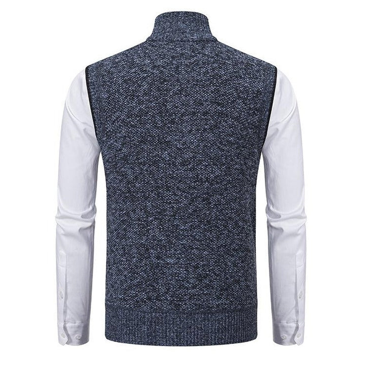 Gebreide zakelijke bodywarmer in bordeauxrood, mouwloos, elegant mêlee-patroon, geweven wolmix voor mannelijke elegantie.