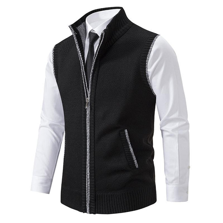 Gebreide zakelijke bodywarmer in bordeauxrood, mouwloos, elegant mêlee-patroon, geweven wolmix voor mannelijke elegantie.