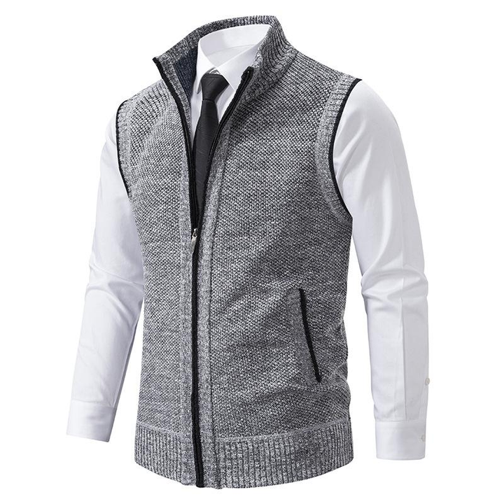 Gebreide zakelijke bodywarmer in bordeauxrood, mouwloos, elegant mêlee-patroon, geweven wolmix voor mannelijke elegantie.