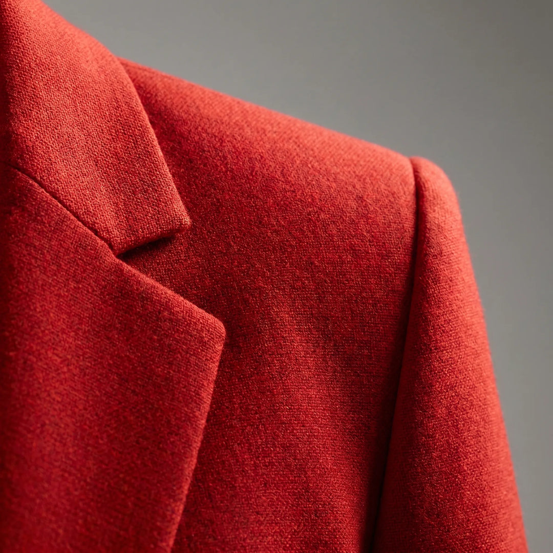 Rode dames colbert met eenknops sluiting; perfect voor een zakelijke of casual chic look.