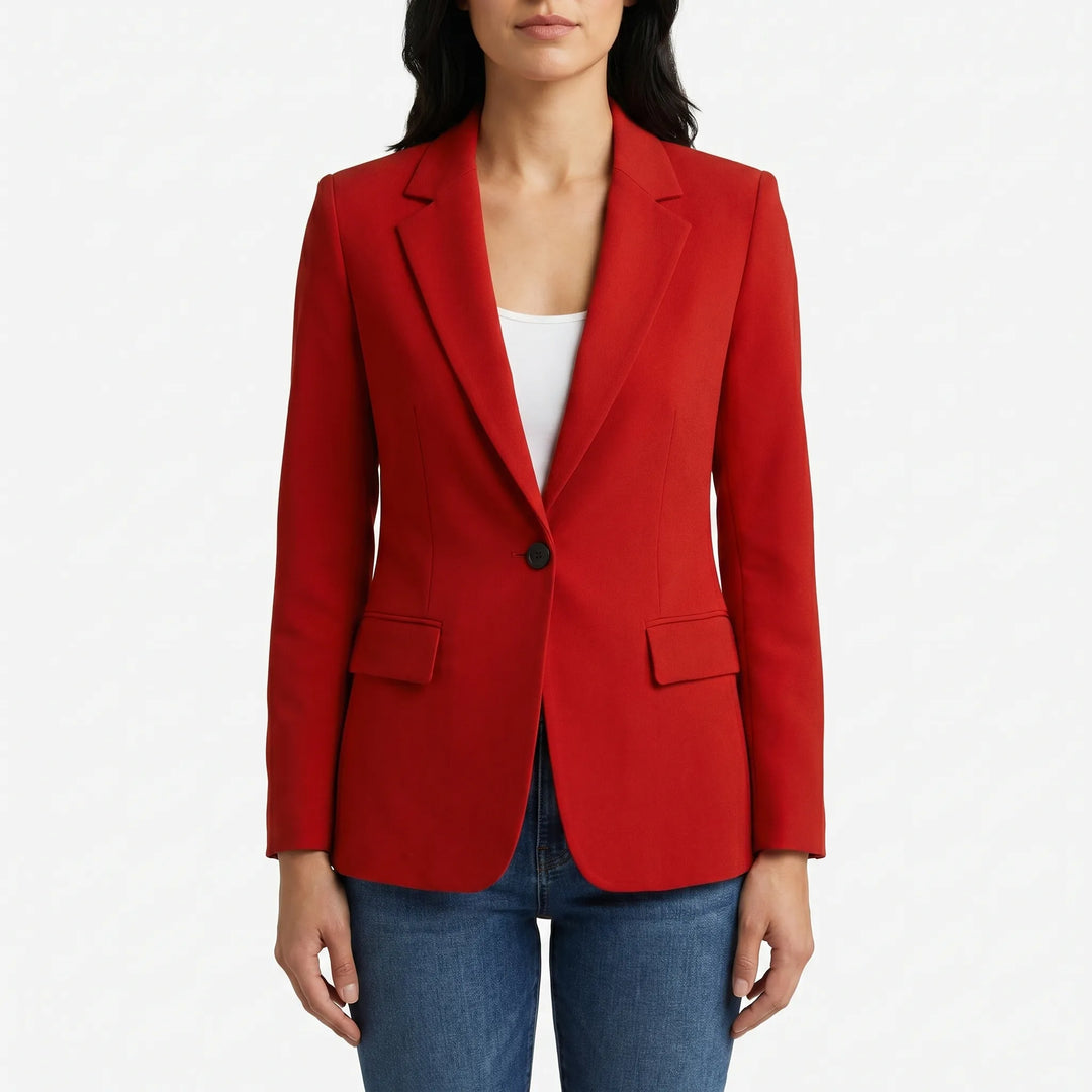 Blauwe elegante blazer voor dames, gestructureerd en formeel, ideaal voor kantoor of events.