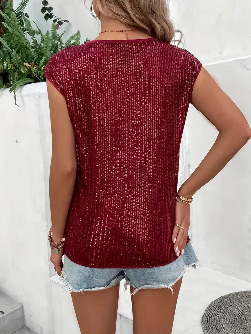 Sprankelende damesblouse met pailletten, mouwloze top, glinsterend, ideaal voor een avondje uit of dagelijks, voegt glamour toe aan elke outfit.