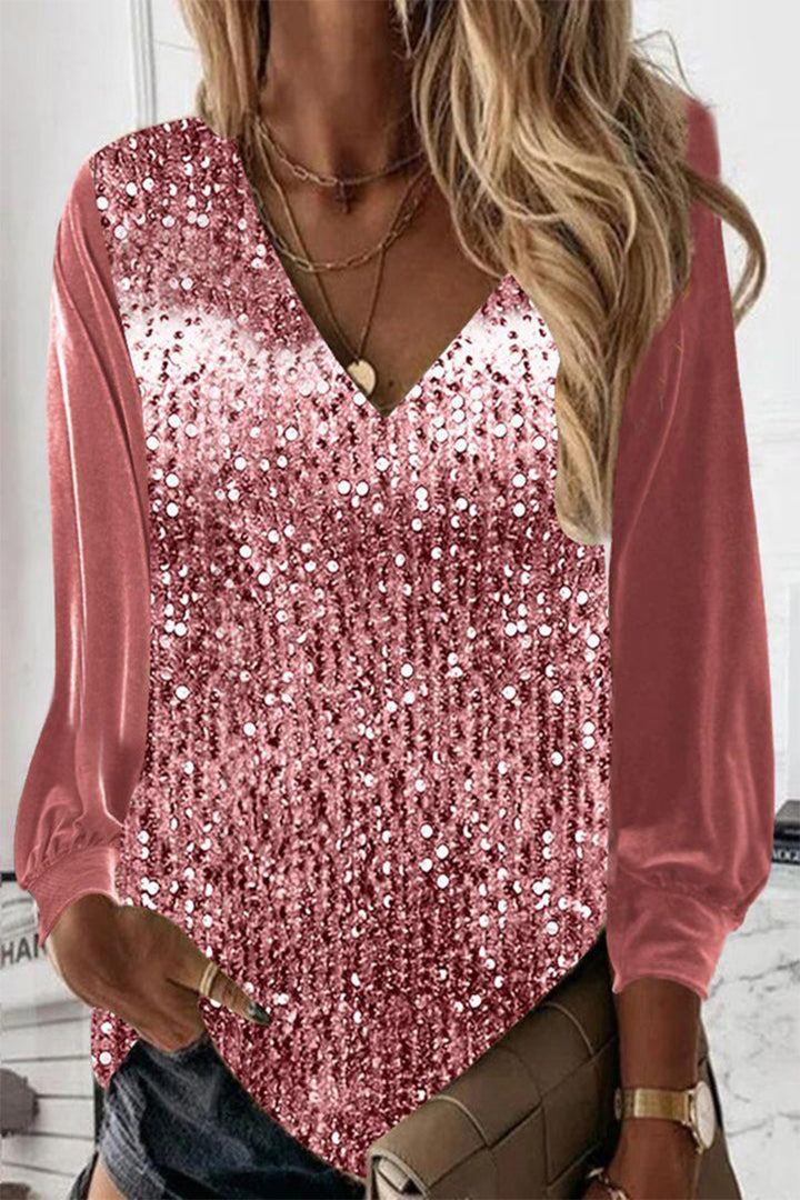 Roze glanzende V-hals damesblouse met pailletten voor een elegante stijl.