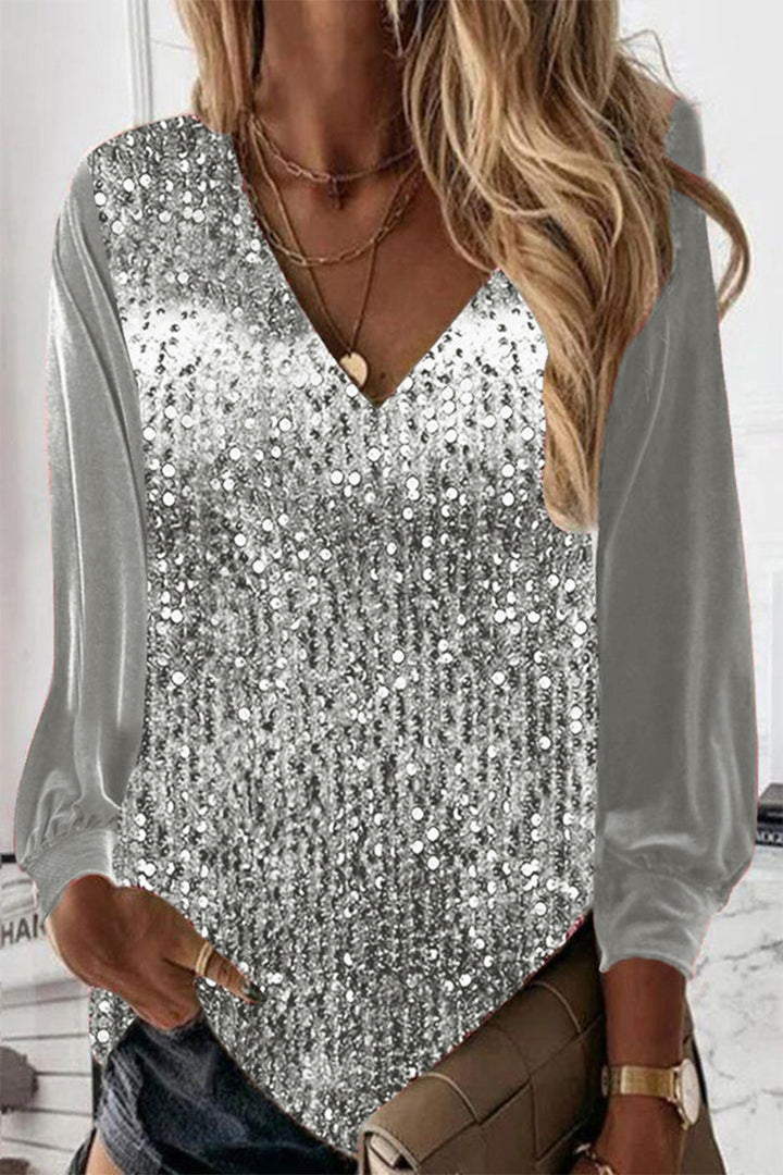 Roze glanzende V-hals damesblouse met pailletten voor een elegante stijl.