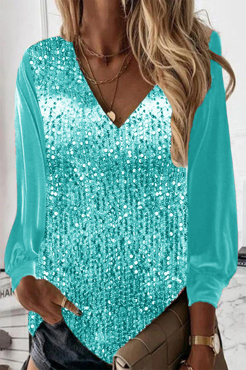Roze glanzende V-hals damesblouse met pailletten voor een elegante stijl.