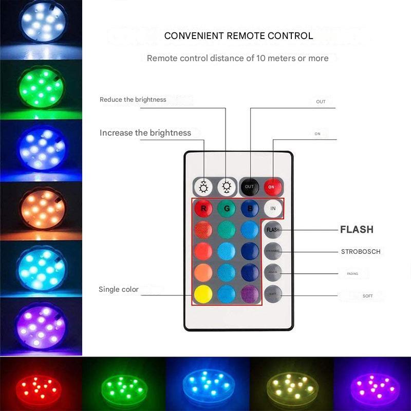 Creëer unieke sfeer met GlowRipple LED onderwaterlamp. Waterdicht, met afstandsbediening voor kleurenlicht.
