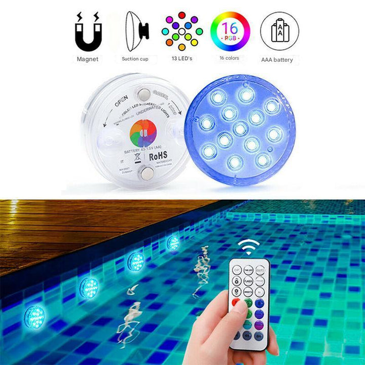 Compacte GlowRipple LED onderwaterlamp met afstandsbediening, waterdicht design voor naadloze integratie.