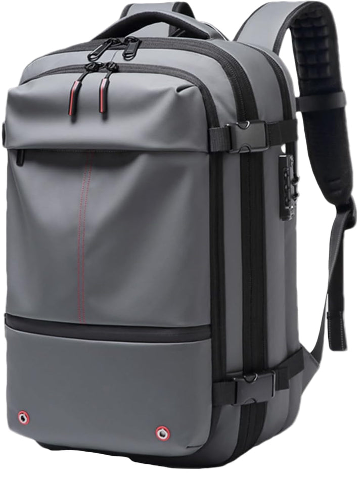 Grijze waterdichte 60L reisrugzak met laptopvak en vacuümcompressie, ideaal voor lange reizen.
