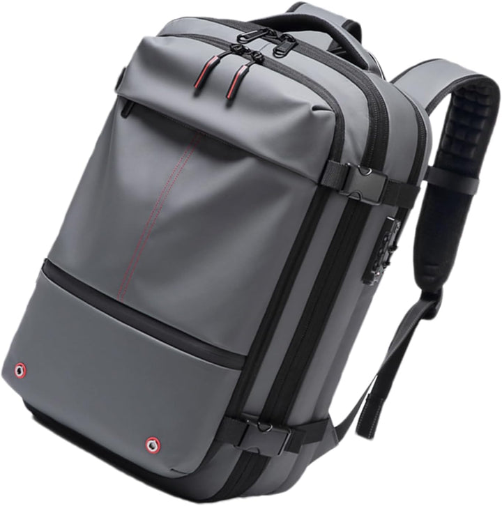 Legergroene unisex laptoprugzak, waterdicht 60L, uitbreidbaar met vacuümcompressie voor forenzen.