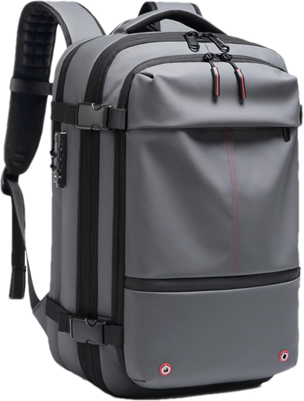 Compacte grijze 60L reisrugzak, waterdicht met laptopvak en innovatieve vacuümcompressie.
