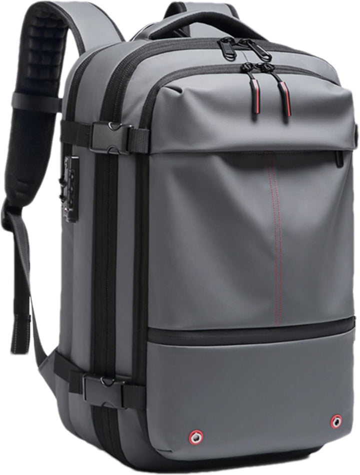 Compacte grijze 60L reisrugzak, waterdicht met laptopvak en innovatieve vacuümcompressie.